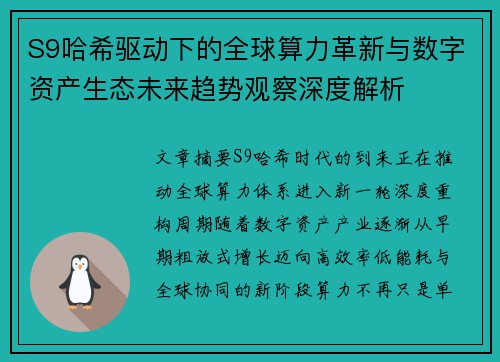 S9哈希驱动下的全球算力革新与数字资产生态未来趋势观察深度解析